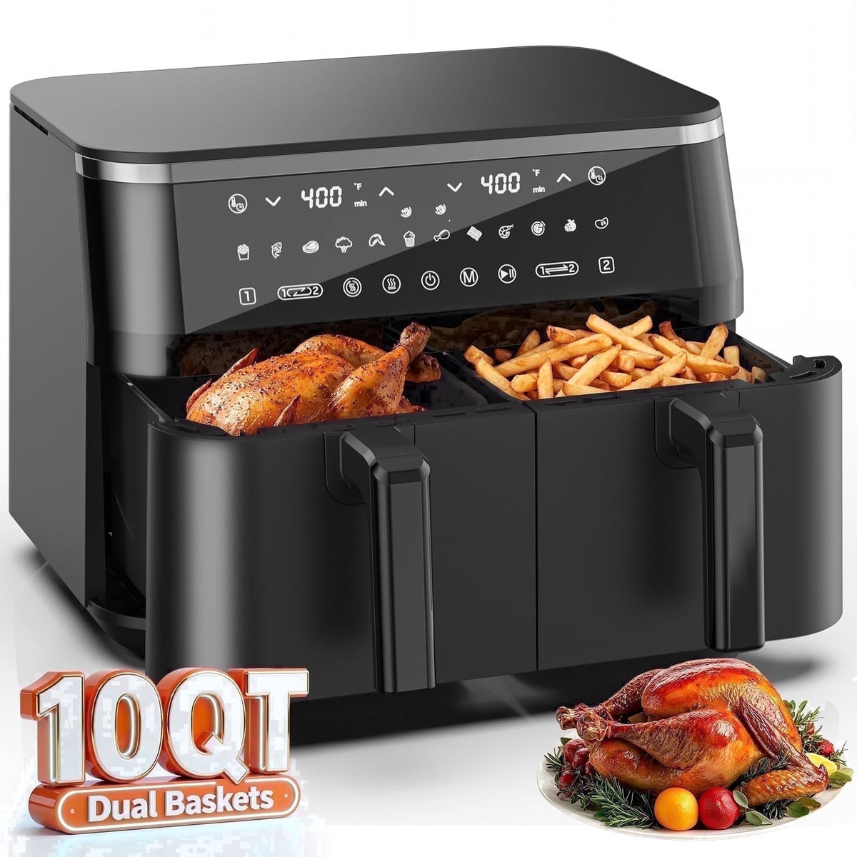 10QT Dual Basket Air Fryer with Digital LED Touchscreen, 12 Presets, Independent Dual Controls, Sync Finish, 1700W, 140-400°F, Black
