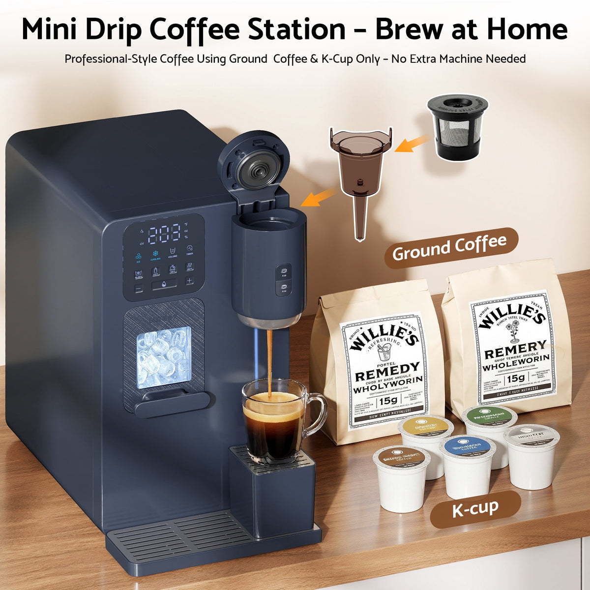 Flamemore 3-in-1 Countertop Water Dispenser w/Bullet Ice Maker, Coffee Brewer, Self-Cleaning UV Sterilization, Beverage Station for Home Office