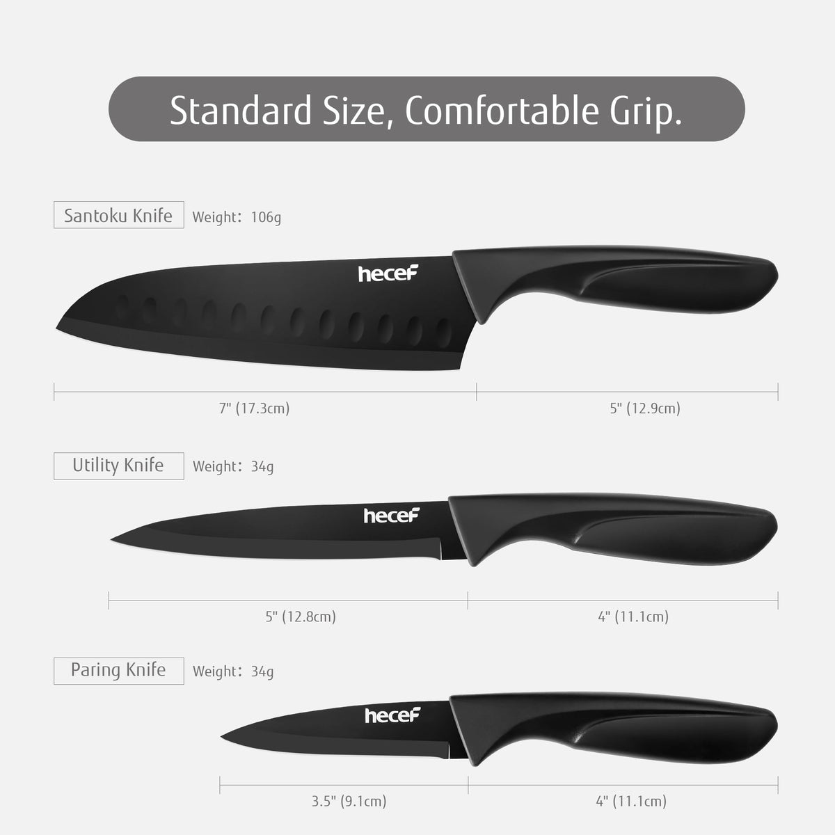Hecef 3-Piece Kitchen Knife Set Chef, Santoku and Paring Knives, Ultra Sharp, Rust-Resistant