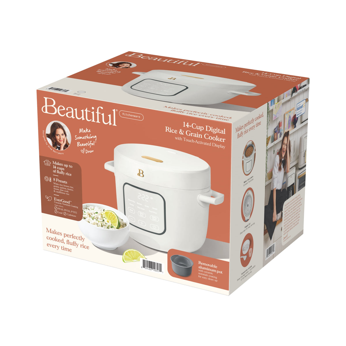 Beautiful 14-Cup Cooked, 6-Cups Uncooked Electric Rice and Grain Cooker, EverGood Ceramic Nonstick Coating, Thyme Green by Drew Barrymore