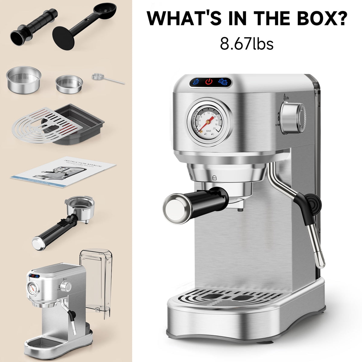 SUDILO 20 Bar Espresso Machine, Stainless Steel Coffee Maker with Steam Frother, 34oz Removable Water Tank, Compact for Home Office, Silver