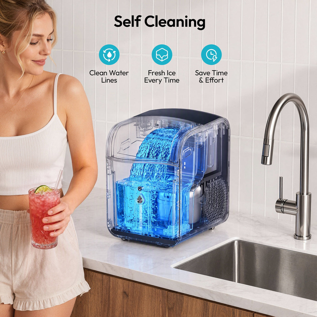 EUHOMY Countertop Nugget Ice Maker, 40 lbs/24H, Self-Cleaning, Smart App, Chewable Ice, Black