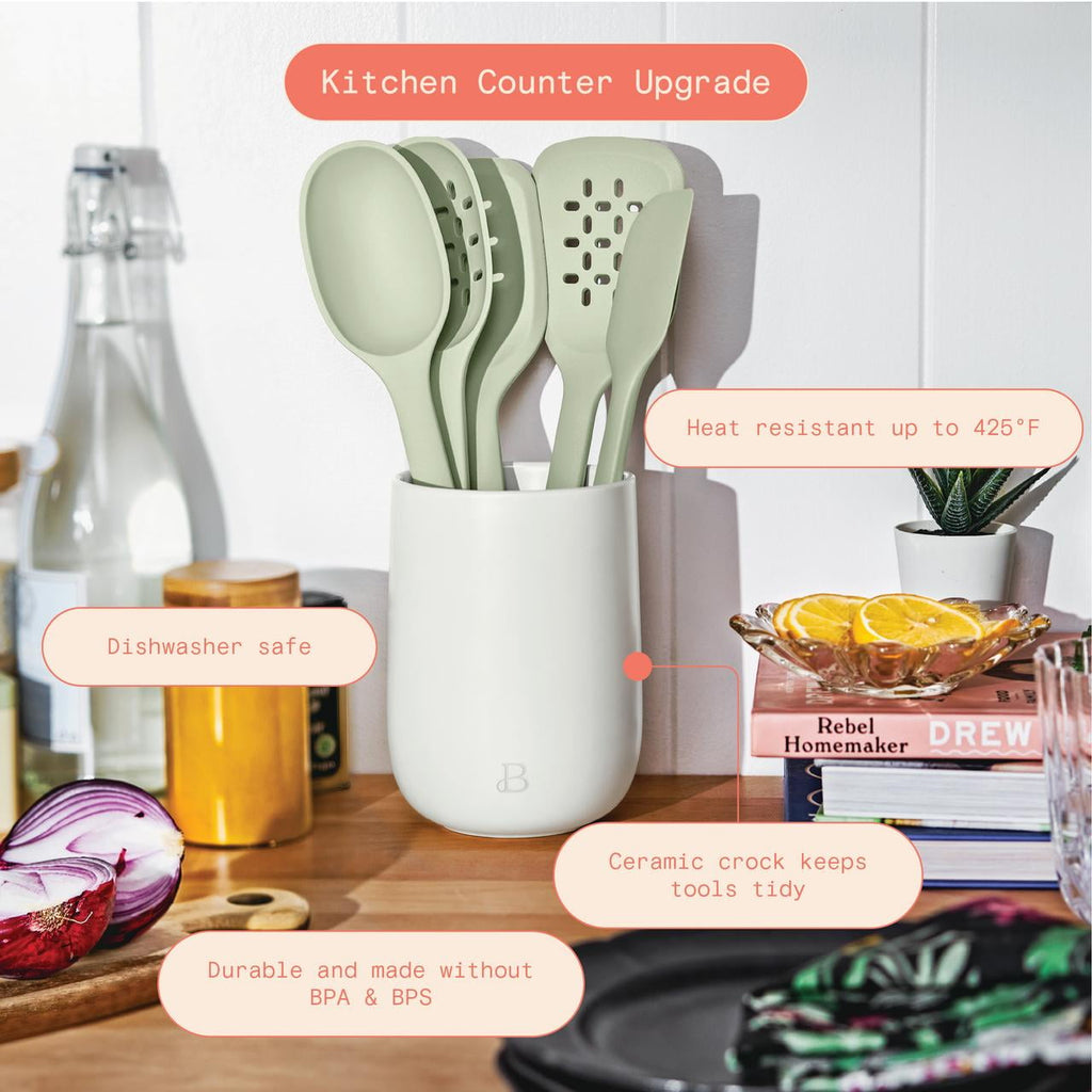 Beautiful 6-Piece Silicone Kitchen Tool Set with Ceramic Crock, Chocolate by Drew Barrymore