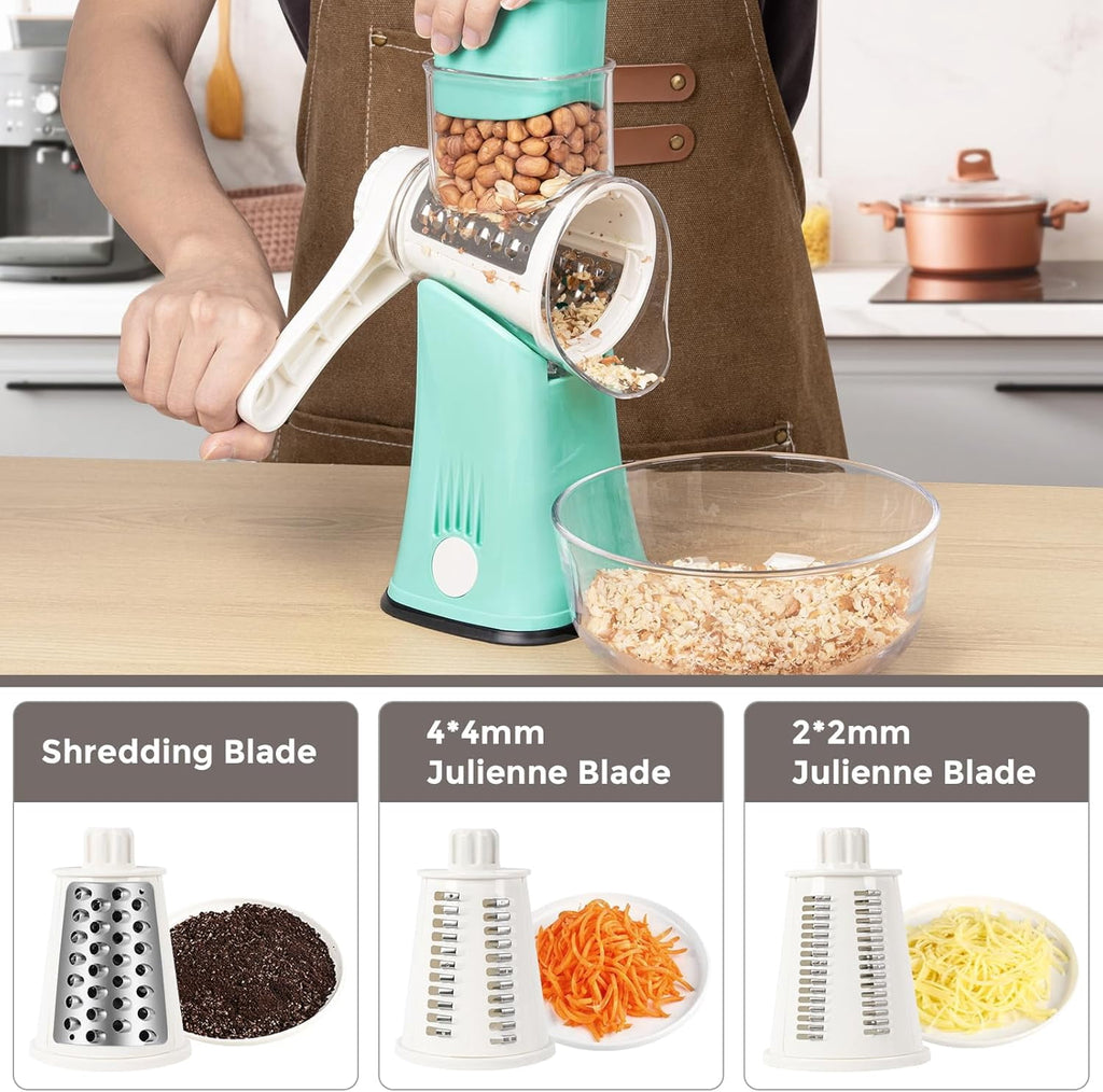 Premium Rotary Cheese Grater, Manual Cheese Grater for Kitchen, Handheld Vegetables Slicer Cheese Shredder with Rubber Suction Base, 3 Stainless Drum Blades Included,Blue