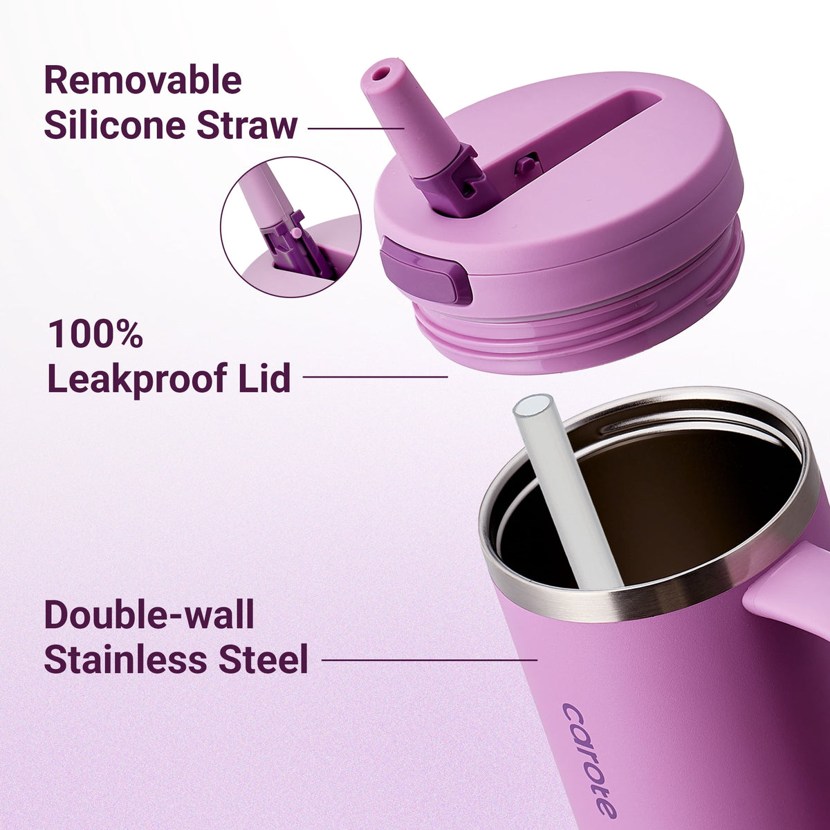 Carote Insulated Stainless Steel Tumbler with Handle and Lid, Leakproof Double Wall Vacuum Travel Mug, Reusable Cup for Hot & Cold Drinks, Pink, 32oz