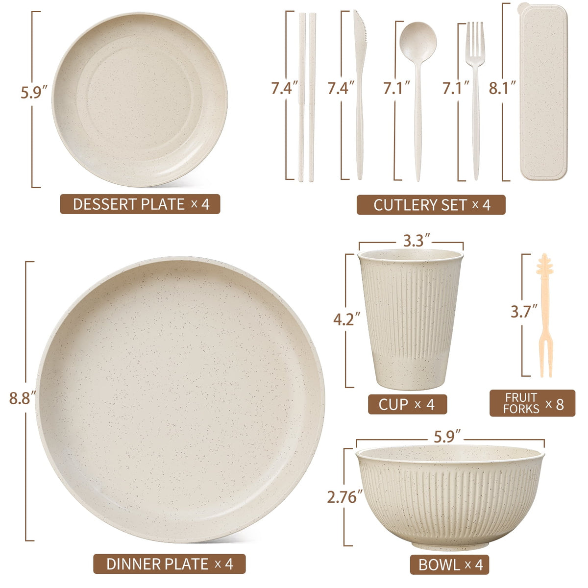 TINANA Wheat Straw Dinnerware Set, Service for 4, 48 PCS Unbreakable Plastic Plates and Bowls Sets, Dishwasher Microwave Safe, Black