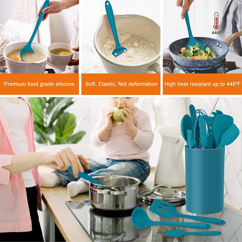Walchoice 14 Pcs Cooking Utensils Set with Holder, Heat Resistant Silicone Kitchen Cookware Utensils Set, Kitchen Cooking Tools Includes Spatula Spoon Turner Whisk Tong, Dishwasher safe, Red
