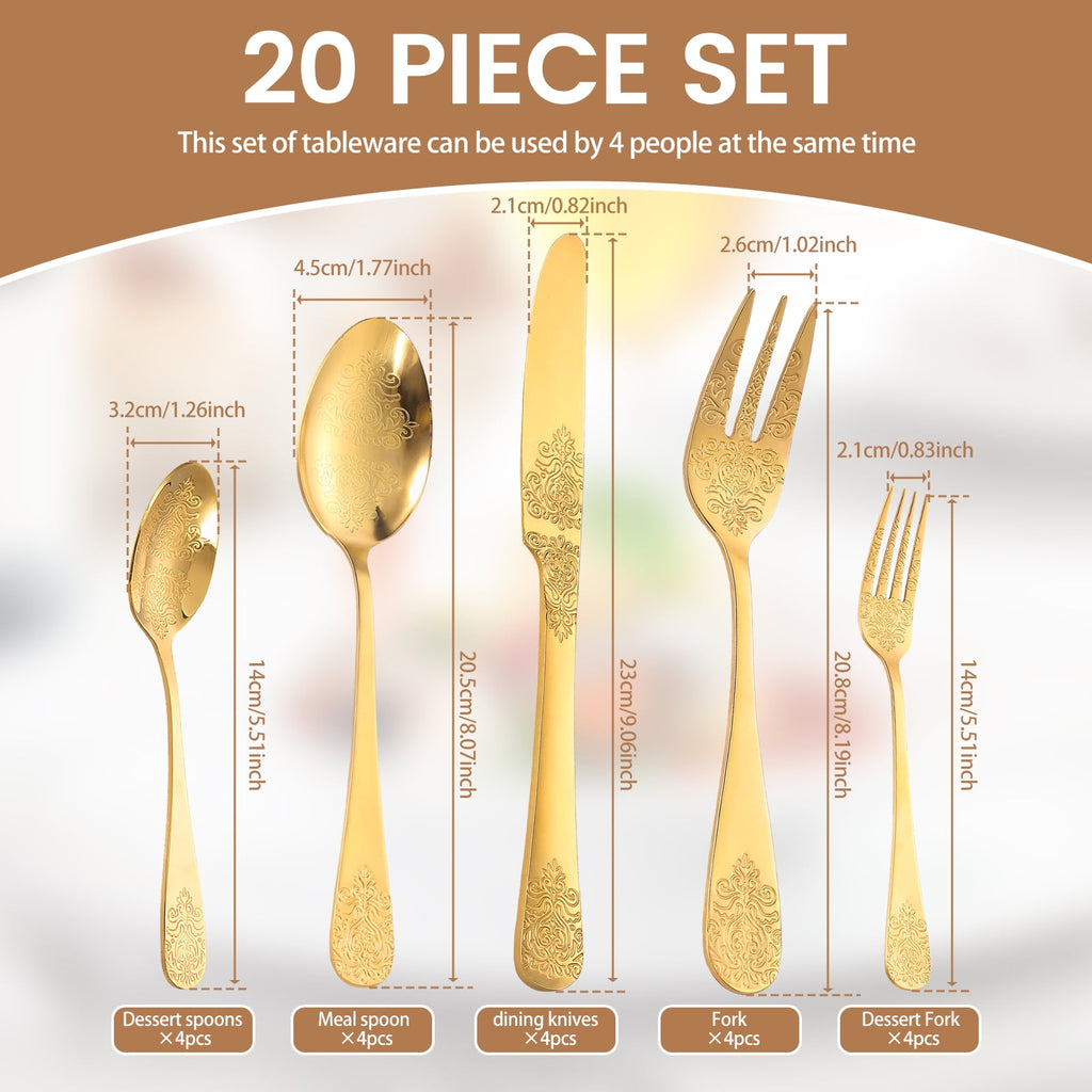 20 Pcs Floral Silverware Set Including Fork Spoon and Knife Stainless Steel Flatware Set Vintage Cutlery Set Mirror Polished Utensil Set for Kitchen Dishwasher Safe Service for 4