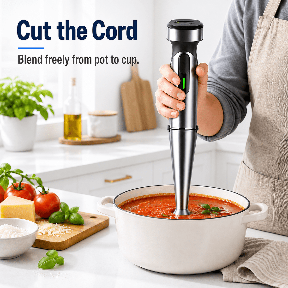 Cordless Immersion Blender, Rechargeable Hand Blender with Type-C Charging, 200W Portable Stick Mixer for Smoothies, Soups, Sauces, Puree and Baby Food