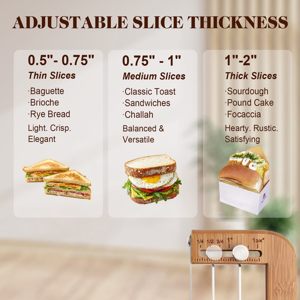 Adjustable Wooden Bread Slicer - Cutter with Thickness Guide for Sourdough & Baguette, Ambidextrous Gift for Home Bakers