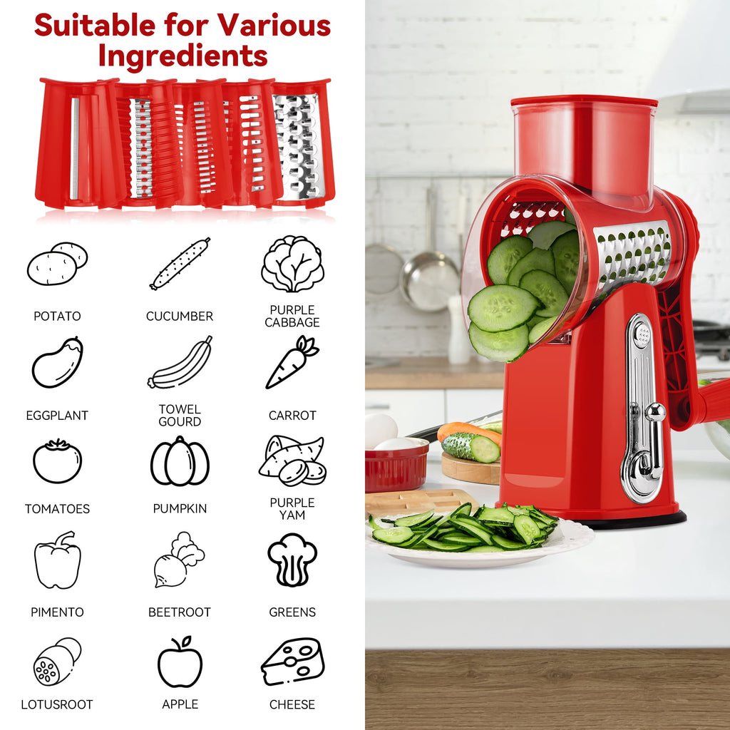 Pukomc Rotary Cheese Grater with Handle- 5 Blades, Suction Base, Mandoline Slicer & Veg Shredder with Blade Storage Box(Green)