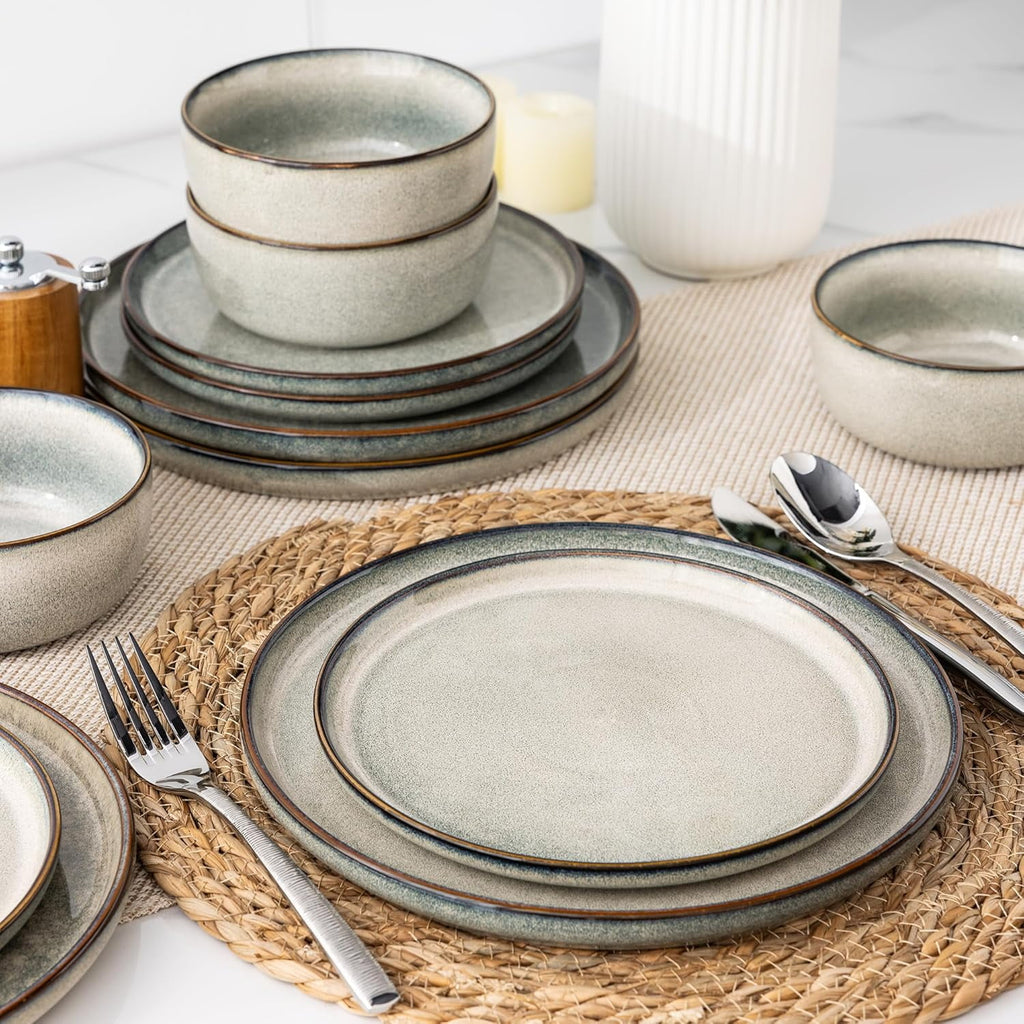 AmorArc Ceramic Dinnerware Sets for 4, 12 Pieces Stoneware Plates and Bowls Sets, Reactive Glaze Dishes -Scratch Resistant, Dishwasher&Microwave Safe, Space Blue (Service for 4)