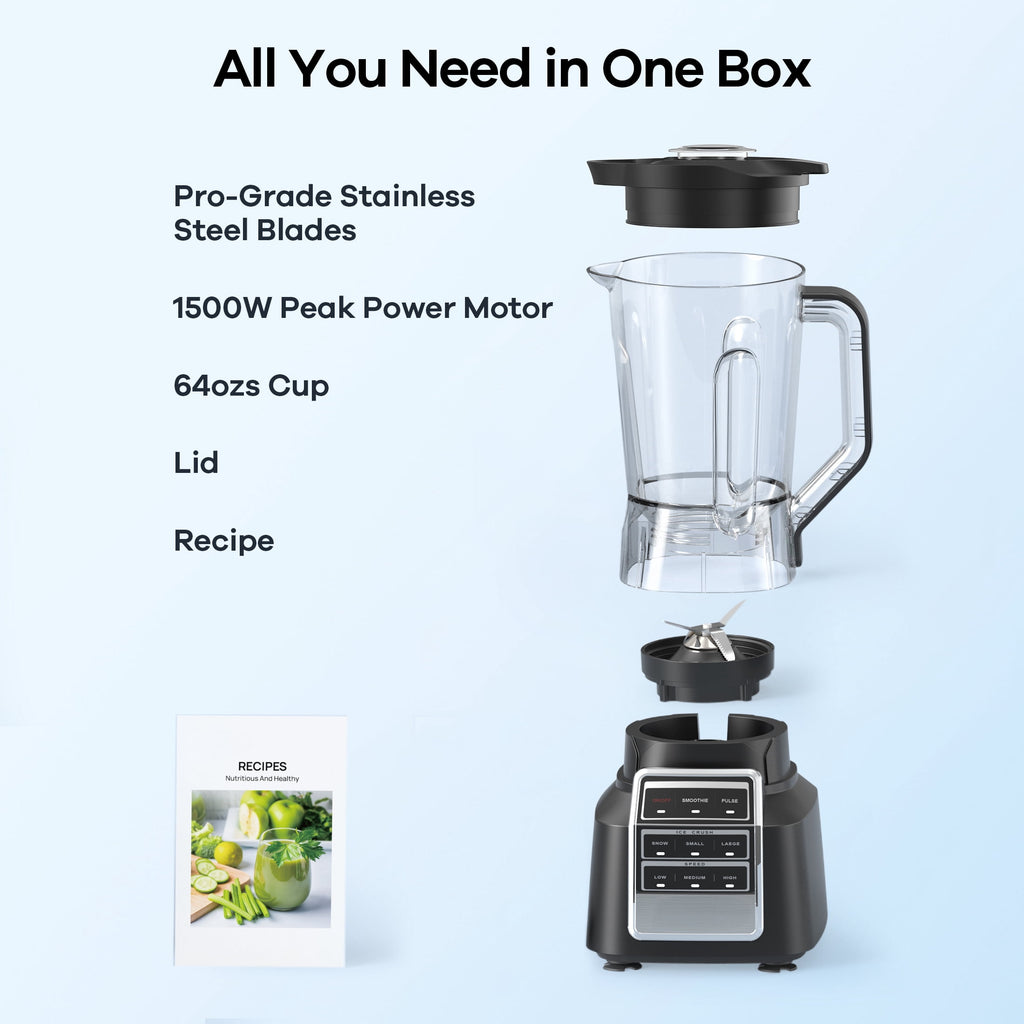 Smoothie Blender for Shakes and Smoothies, 1500W Peak Power Countertop Blender, 64OZ BPA-Free Jar, Crush Ice & Frozen Fruit Without Water, 8 Smart Programs, Includes Recipe Book, Black