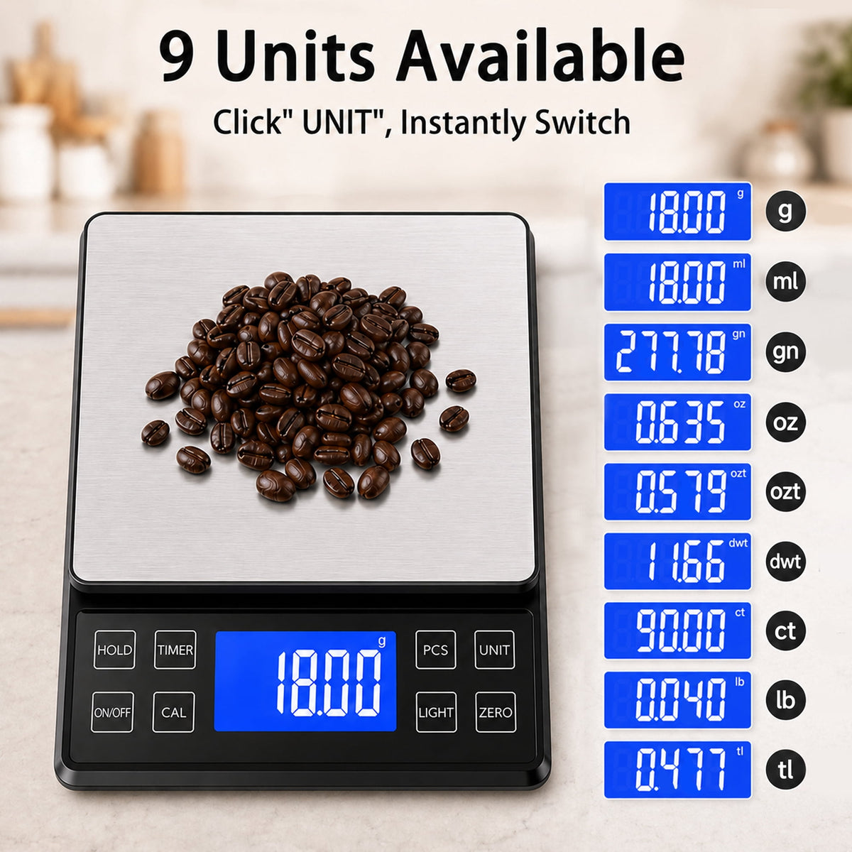 ZOWWKLLY Digital Food Kitchen Scale, Gram Scale 0.1g/0.001oz Accuracy,5kg/11lb Stainless Steel with 9 Units, Tare Function& LCD Display, USB Rechargeable & Battery Powered, Espresso, Baking, Cooking