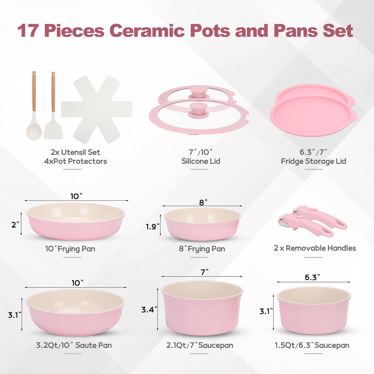 17 Piece Ceramic Pots and Pans Set Non Stick, Cookware Set with Detachable Handle, Oven Safe, Induction Ready, Stackable RV Kitchen Cooking Set Removable Handles, Cream White