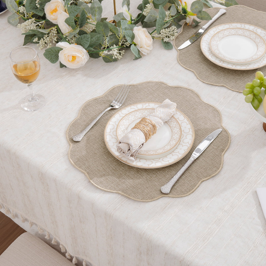 Ileading Scalloped Round Placemats Set of 6 Polyester Linen Blend Washable Non Slip Place Mats Easy Clean Heat Resistant Table Mats for Kitchen Dining Table Decor