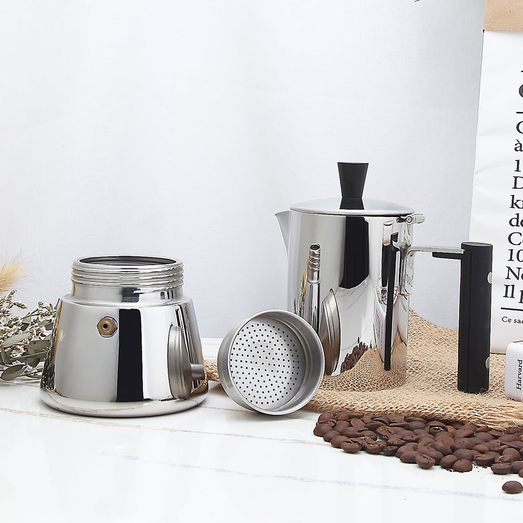 Easyworkz Pedro 6 Cup Stovetop Espresso Maker Stainless Steel Italian Coffee Maker Greca Moka Pot, 10 oz