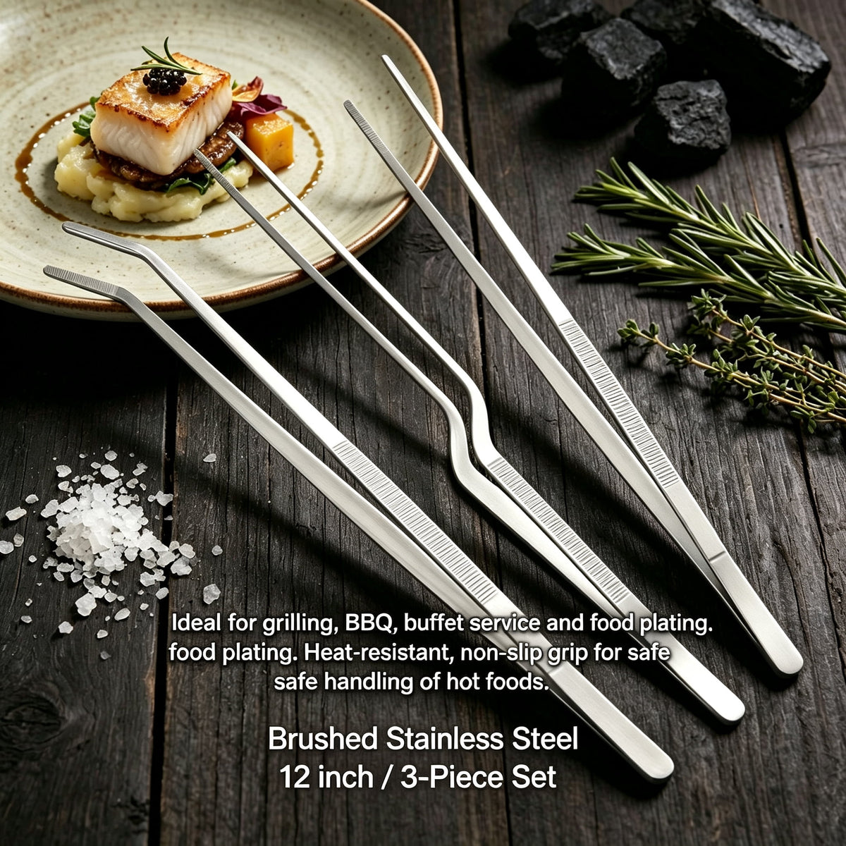 3 Pcs 12-inch Kitchen Tweezers Precision Serrated Tips Cooking Tweezers Stainless Steel Nonslip Professional Chef Tools Kitchen Tools for BBQ Plating and Serving (Silver)