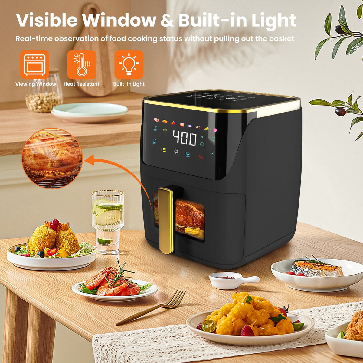 Bluebow Newest Air Fryer Large 8.5 QT, Black, 8 in 1 Touch Screen, Visible Window, 1750W