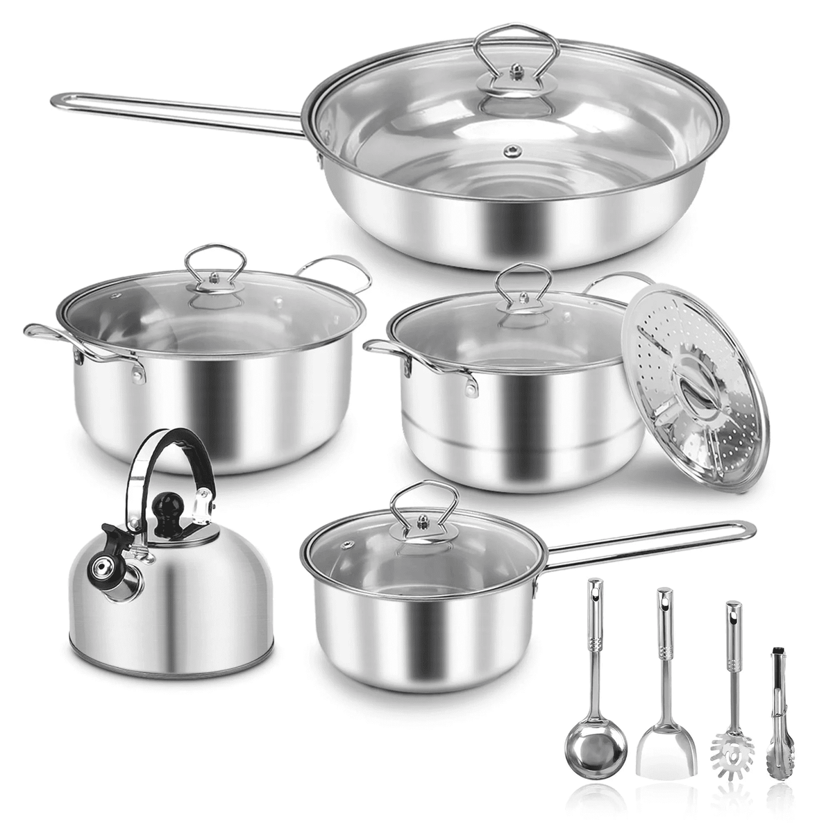 15 Piece Stainless Steel Cookware Set, Pots and Pans Set with Lids Non Toxic, Kitchen Induction Cookware with Utensil Sets For Oven & Dishwasher ,Heavy Premium Kitchen Cooking