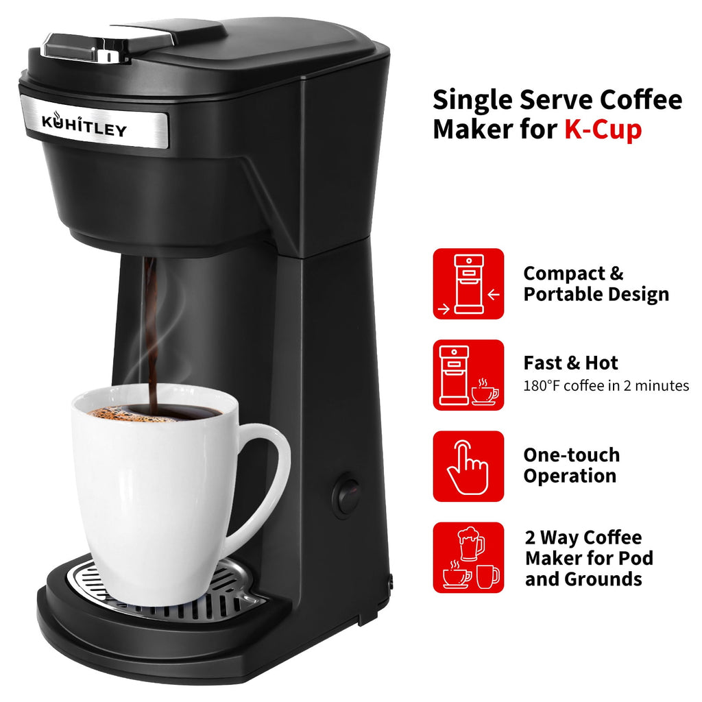 2 in 1 Single Serve Coffee Maker for K Cup Pods & Ground Coffee, Mini K Cup Coffee Machine with 6 to 14 oz Brew Sizes, Single Cup Coffee Brewer with One-Press Fast Brewing, Reusable Filters,Black