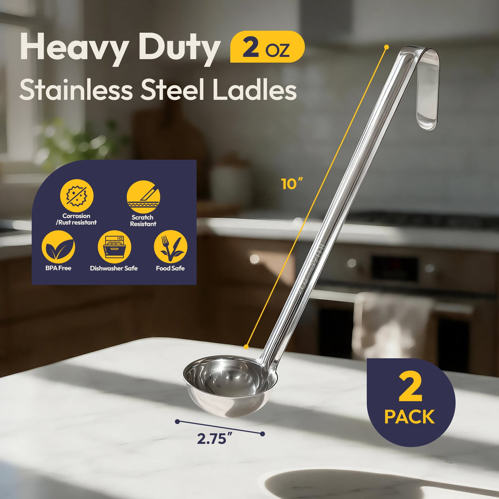 [2 Pack] 6 Oz Stainless Steel Soup Ladle - One-Piece Sauce Spatula with Hook Handles, Commercial Grade Serving Spoon, Kitchen Tool for Restaurant or Home Cooking, Mirror Finish, 14.25" Long