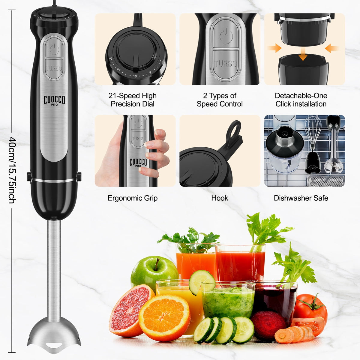 1100W Immersion Blender, 21-Speed Hand Blender with Turbo Mode, 5-in-1 Stick Blender for Smoothies, Baby Food, Soups, Purees, Black