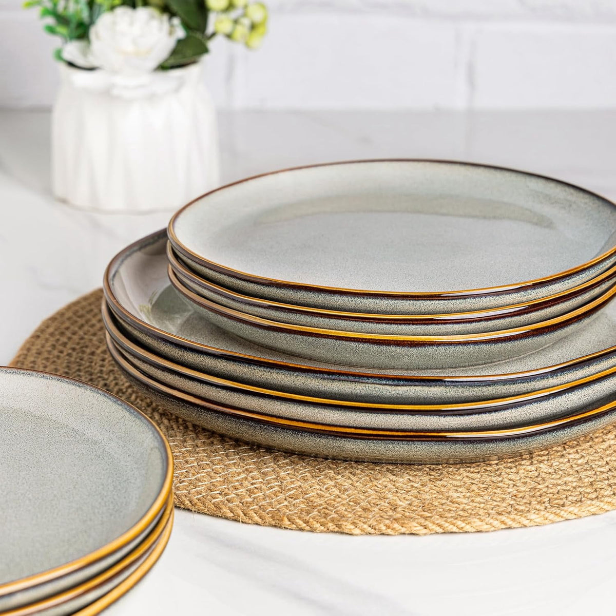 AmorArc Ceramic Plates Set of 6, 8.5 Inch Handmade Reactive Glaze Stoneware Plates set for Dessert, Salad, Appetizer, Dinner, Microwave & Dishwasher Safe, Scratch Resistant-Pearl White