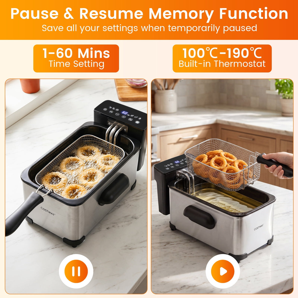 Costway Electric Deep Fryer 3.2 QT/12-Cup Stainless Steel 1700W with Frying Basket Silver