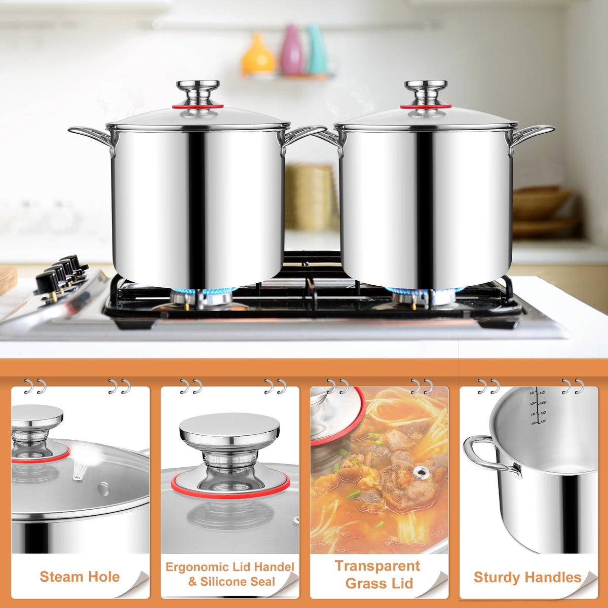 Coliware 8 QT Stainless Steel Stock Pot with Glass Lid, Cooking Soup Pot with 3-Ply Whole Clad for