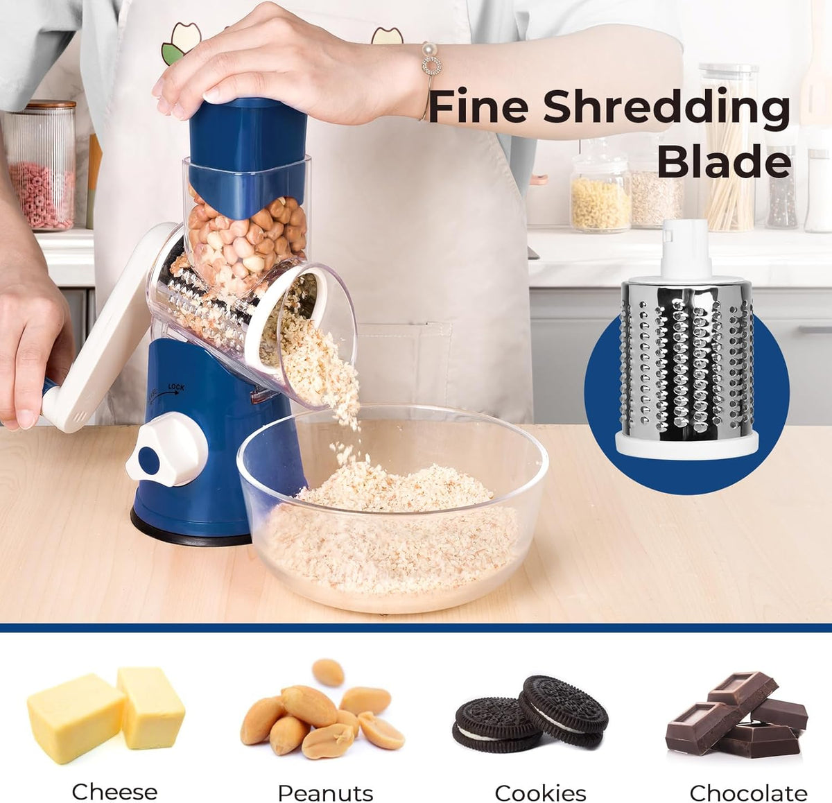 Premium Rotary Cheese Grater, Manual Cheese Grater for Kitchen, Handheld Vegetables Slicer Cheese Shredder with Rubber Suction Base, 3 Stainless Drum Blades Included,Blue