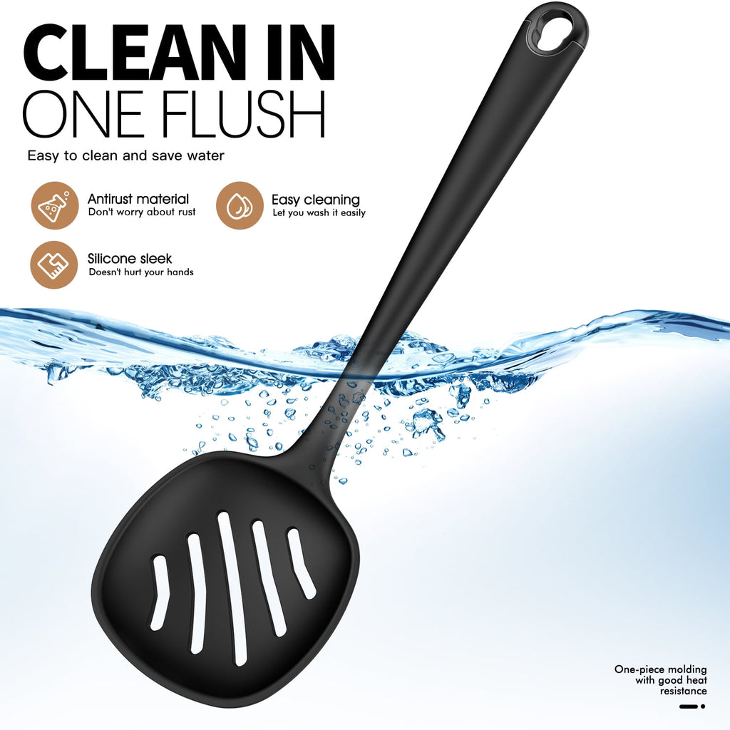 Silicone Kitchen Utensils Set, 600°F Heat Resistant Silicone Cooking Utensils, Spatula, Spoon, Whisk, Tongs, Kitchen Gadgets Tools Sets for Nonstick Cookware, Dishwasher Safe BPA Free (Black)