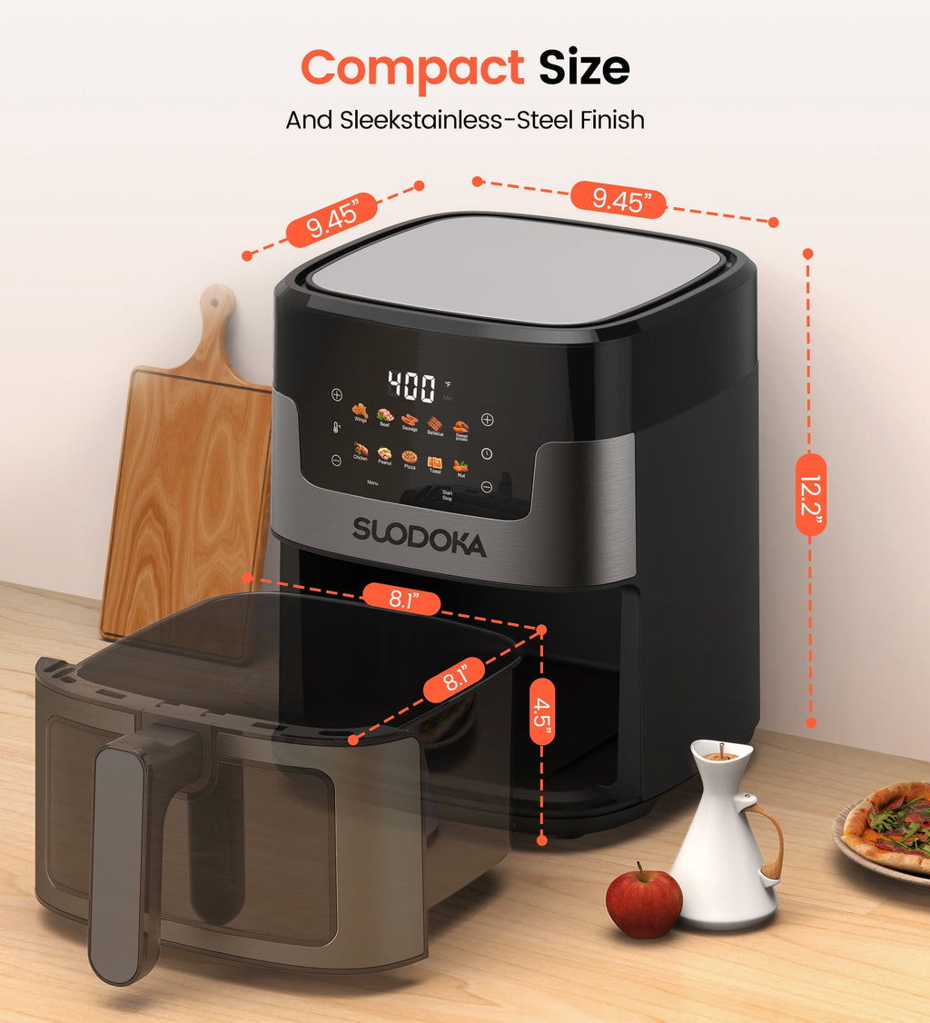 Suodoka 10 in 1 Air Fryer 6 Qt Capacity, Compact Countertop with Nonstick Basket, 400F Air Crisp