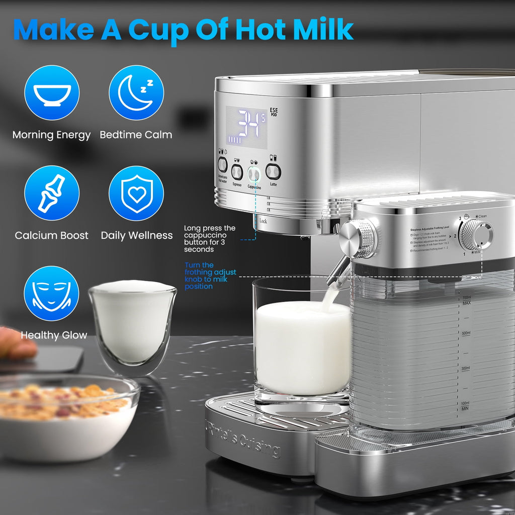 URintells Cuising Espresso Machine, 20 Bar Cappuccino & Latte Machine with Built-In Milk Frother, 1350W, Stainless Steel