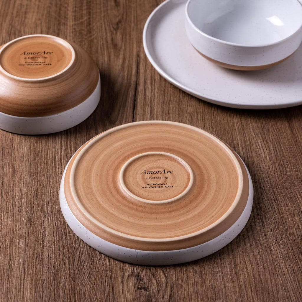 AmorArc Ceramic Dinnerware Sets for 4, 12 Pieces Handpainted Plates and Bowls Set with Rustic Terracotta Underside, Scratch Resistant Stoneware Dishes Set, Dishwasher & Microwave Safe,Light Beige