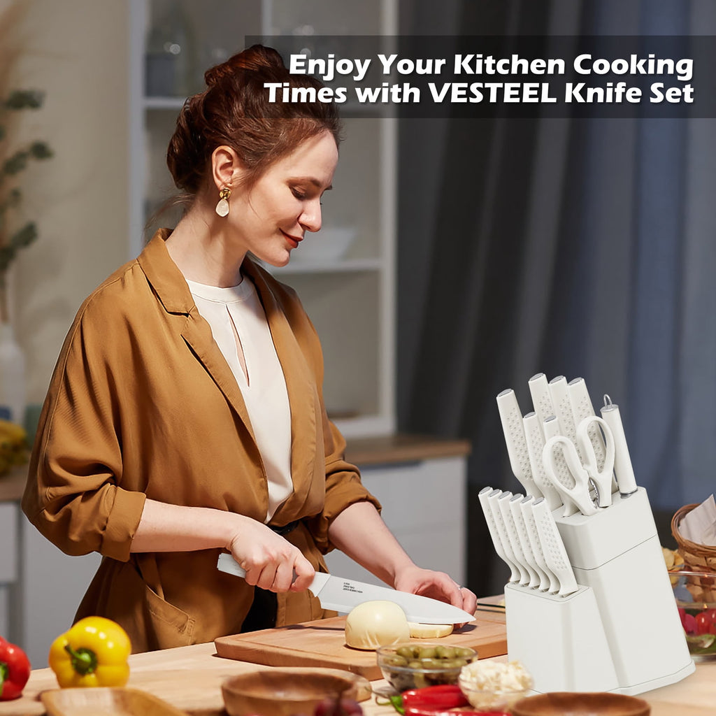 Vesteel Knife Block Set for Kitchen, 15-Piece High Carbon Stainless Steel Knives Set with Ergonomic Handle, Ultra-sharp & Rust Resistant, Walnut Brown