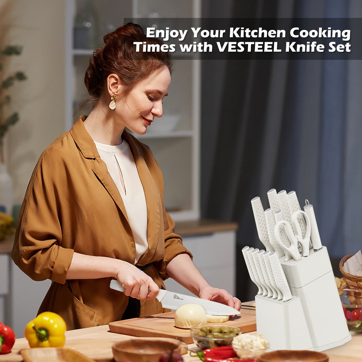Vesteel Knife Block Set for Kitchen, 15-Piece High Carbon Stainless Steel Knives Set with Ergonomic Handle, Ultra-sharp & Rust Resistant, Walnut Brown