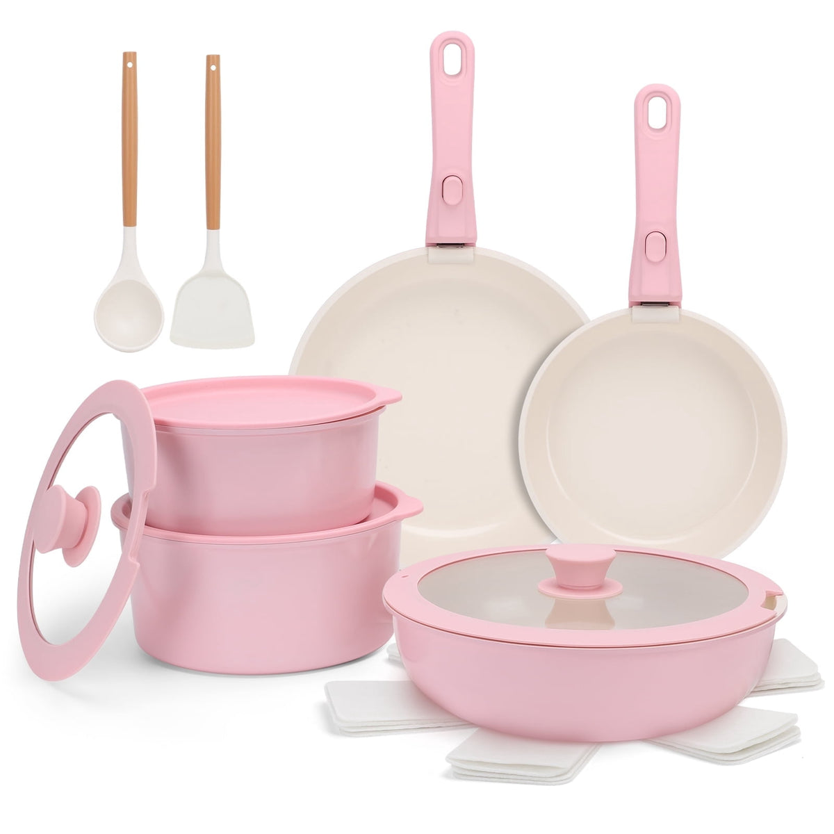 17 Piece Ceramic Pots and Pans Set Non Stick, Cookware Set with Detachable Handle, Oven Safe, Induction Ready, Stackable RV Kitchen Cooking Set Removable Handles, Cream White