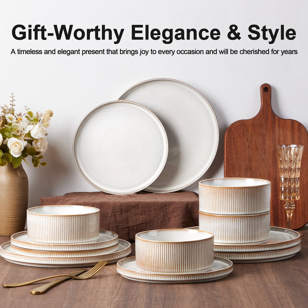 Vesteel 12 Pieces Dinnerware Set for 4, Premium Stoneware Ribbed Dishes, Chip & Scratch Resistant Plates and Bowls Set for Home Restaurant, Microwave and Dishwasher Safe - Speckled White