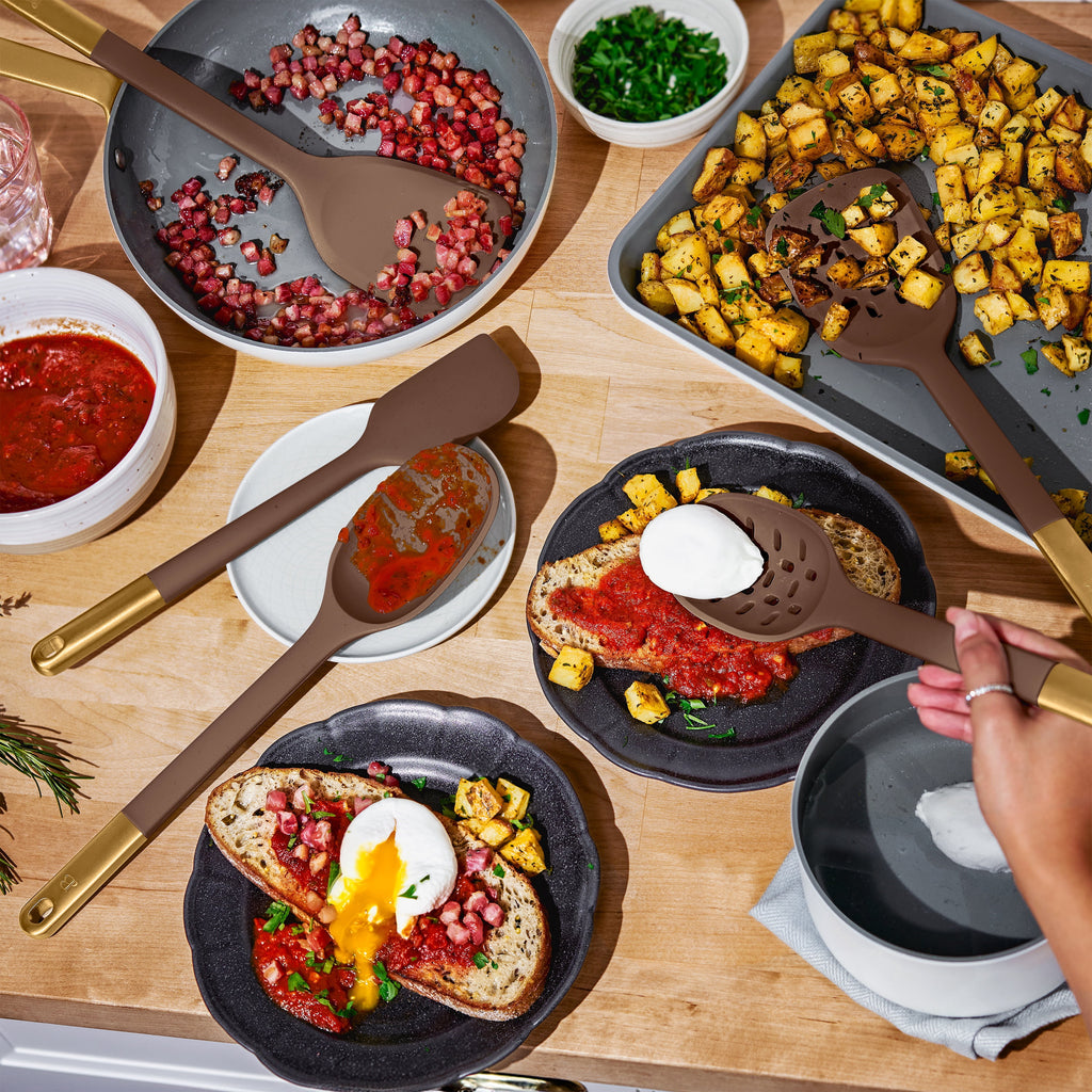 Beautiful 6-Piece Silicone Kitchen Tool Set with Ceramic Crock, Chocolate by Drew Barrymore