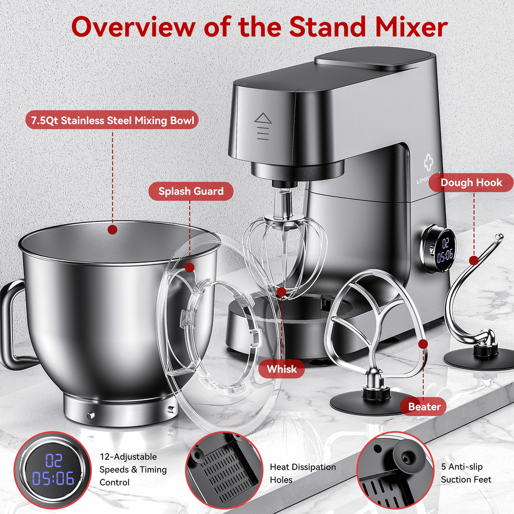 LINKChef 7.5 QT Stand Mixer, 800W 12-Speed Tilt-Head Food Mixer, Kitchen Electric Mixer with Dough Hook, Wire Whip & Beater