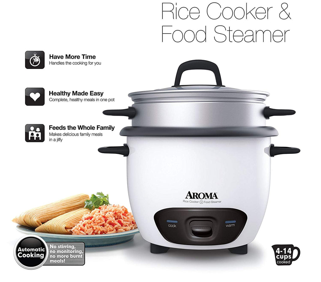 AROMA® 14-Cup (Cooked) / 3Qt. Rice & Grain Cooker, White, New, ARC-747-1NG