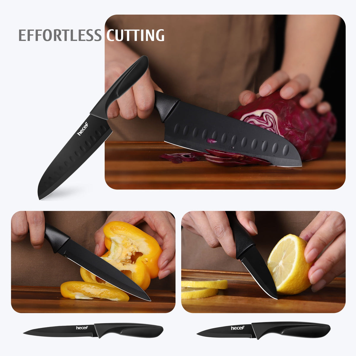Hecef 3-Piece Kitchen Knife Set Chef, Santoku and Paring Knives, Ultra Sharp, Rust-Resistant