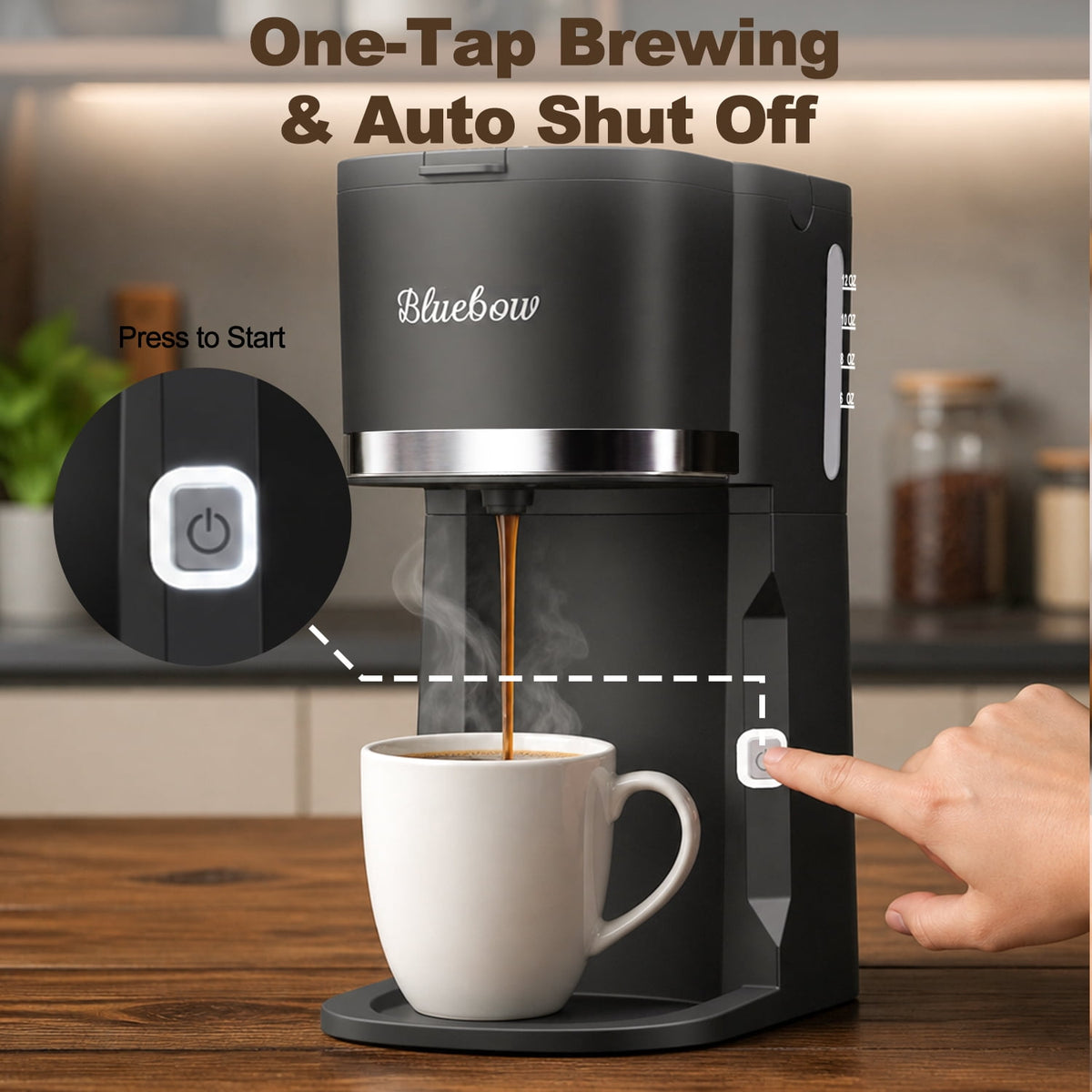 Bluebow Single Serve Coffee Maker, 6-12oz Brew Size for K Cup Pod & Ground Coffee& Tea, Fast Brew One Cup Small Coffee Machine for Home and Travel, Black