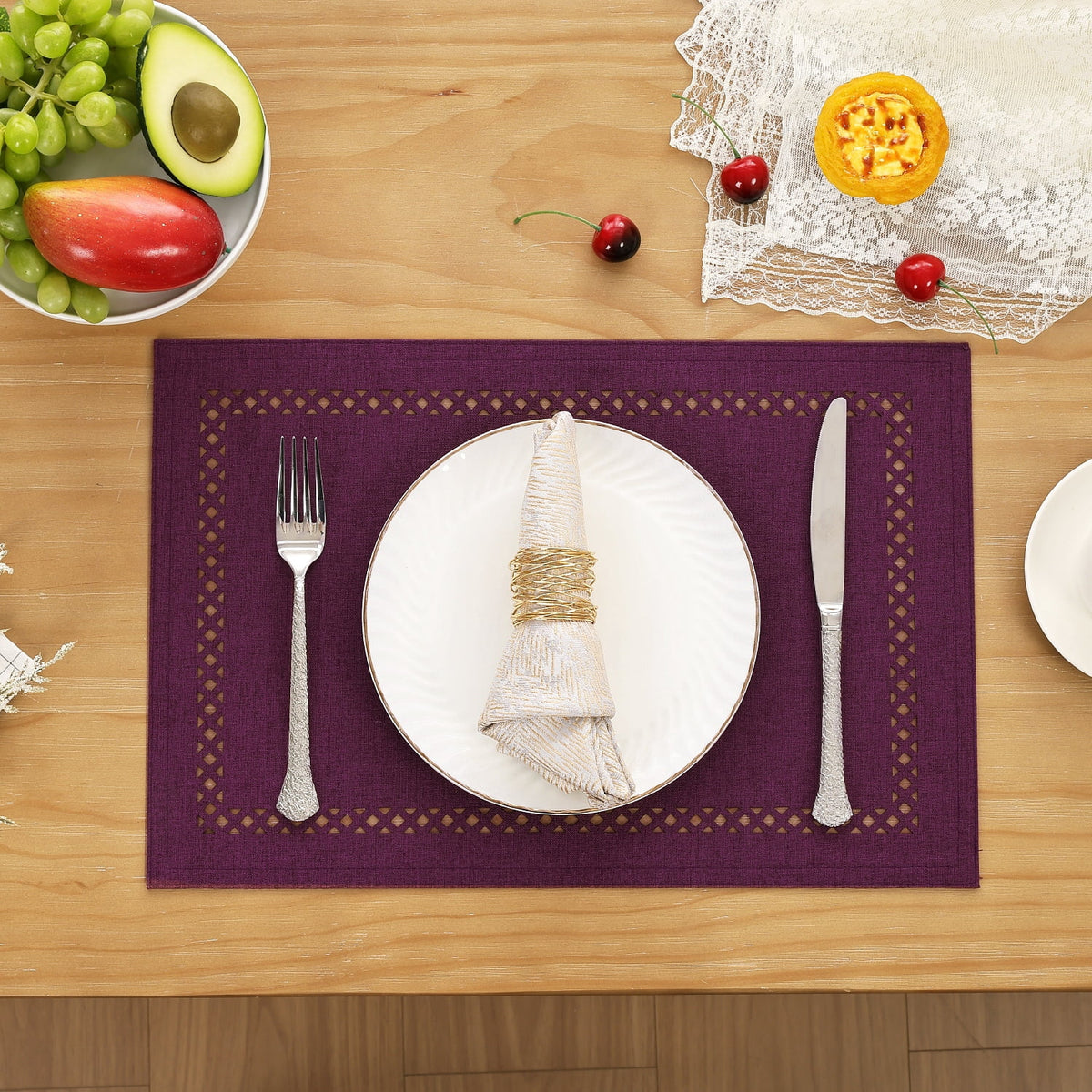 Placemats Set of 4, Yamaziot Double Layer Cloth Fabric Heat Resistant Place Mat, Washable Reversible Rectangle Dining Table Mats, Hollow Khaki, 12"x18"