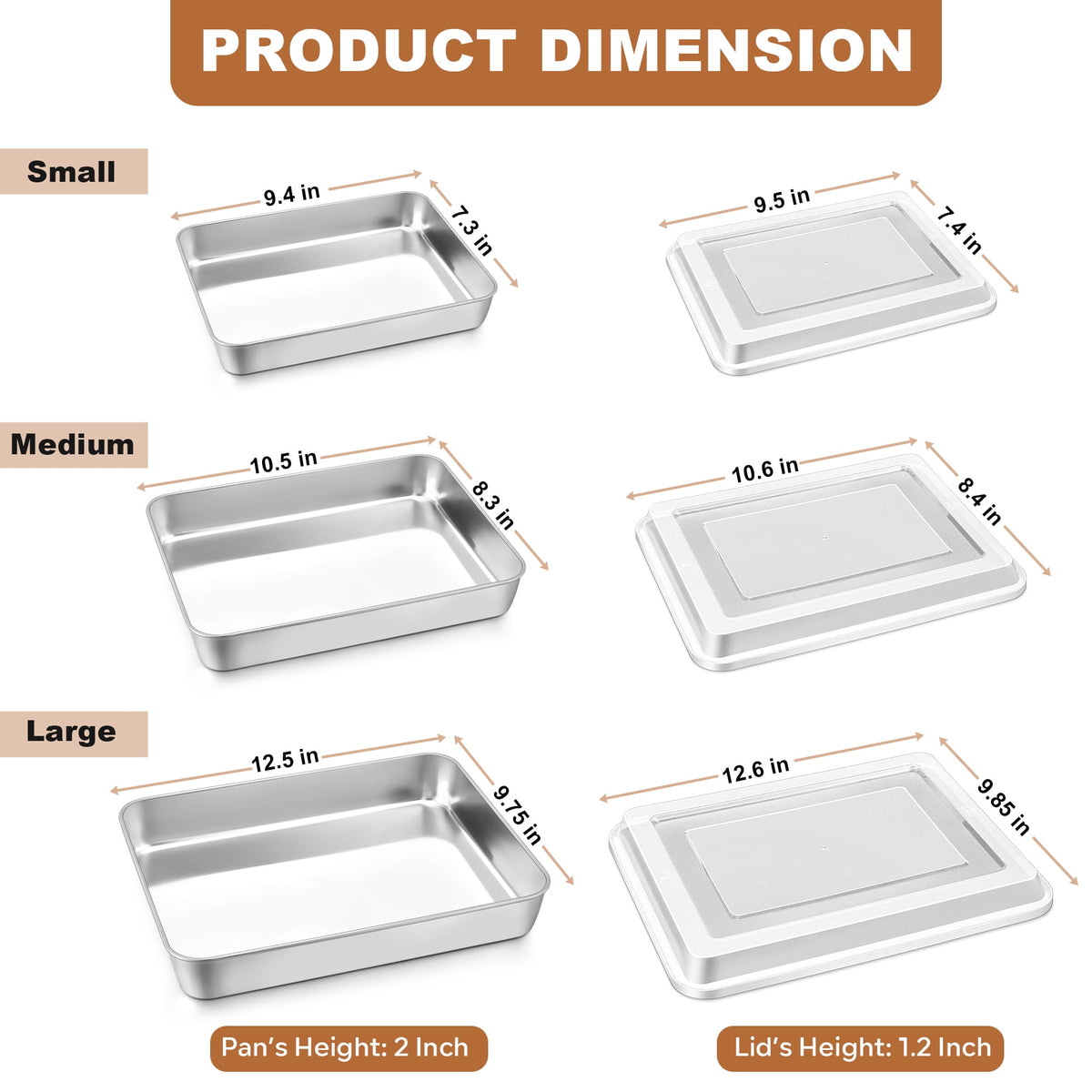 Baking Pans Set of 3, VeSteel Stainless Steel Sheet Cake Pan for Oven - 12.5/10.5/9.4Inch, Rectangle Bakeware Set for Cake Lasagna Brownie Casserole Cookie, Non-toxic & Healthy, Dishwasher Safe