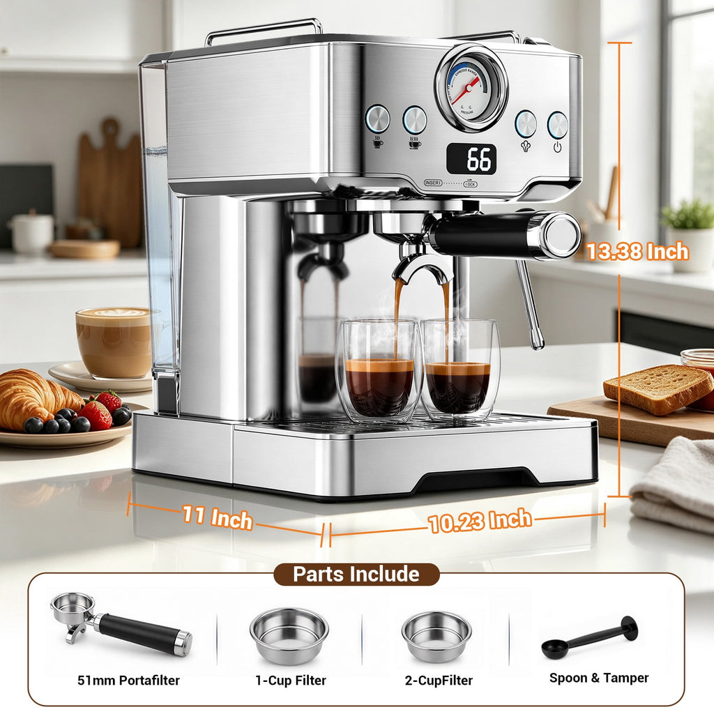 Ecojoy Espresso Machine, Barista Espresso Maker with Steam Wand | LCD Display, Custom Brew Temp, Latte & Cappuccino Machine, 20-Bar Pump, Powerful Steam Wand, 1.8L Removable Water Tank