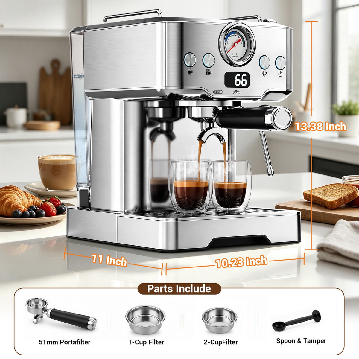 Ecojoy Espresso Machine, Barista Espresso Maker with Steam Wand | LCD Display, Custom Brew Temp, Latte & Cappuccino Machine, 20-Bar Pump, Powerful Steam Wand, 1.8L Removable Water Tank