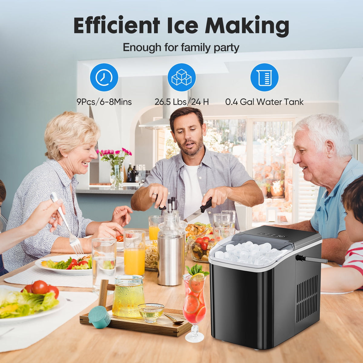 EDX Countertop Ice Maker, Self-Cleaning Portable Ice Maker Machine with Handle and Ice Scoop, Bullet Ice Cubes, 9Pcs/6Min 26.5Lbs/24H for Home/Kitchen/Bar/Party, Green
