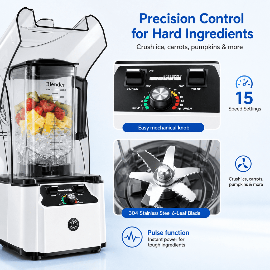 WantJoin Blender-Commercial Blender with Soundproof Shield, Enclosure 2200W ,Quiet Professional-Grade Power,Self-Cleaning,Gray